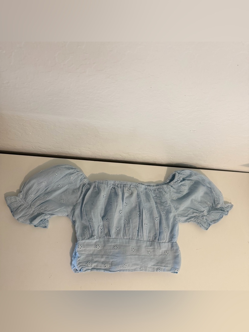 Who is that Girl? Sky Blue Off-Shoulder Eyelet Crop Top Small,  Made in India